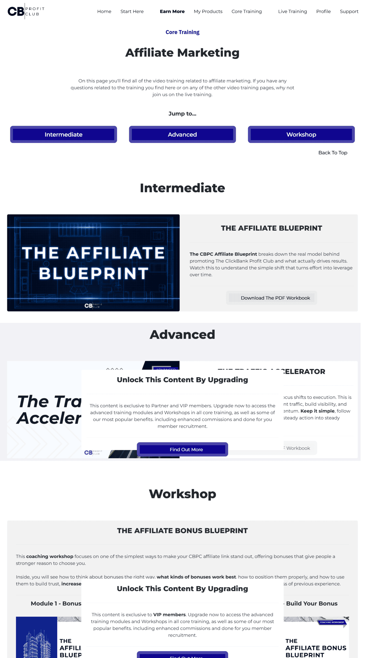 CB Profit Club core training affiliate marketing modules intermediate advanced workshop