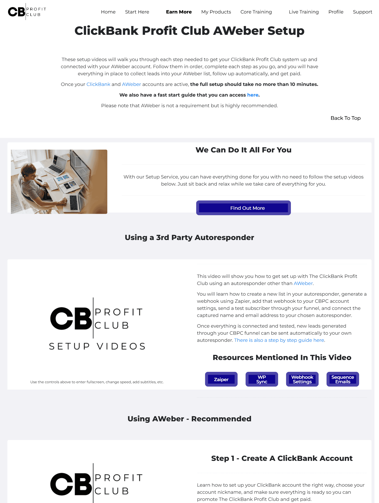 Tools for affiliate marketing: CB Profit Club funnel setup and autoresponder connection screen