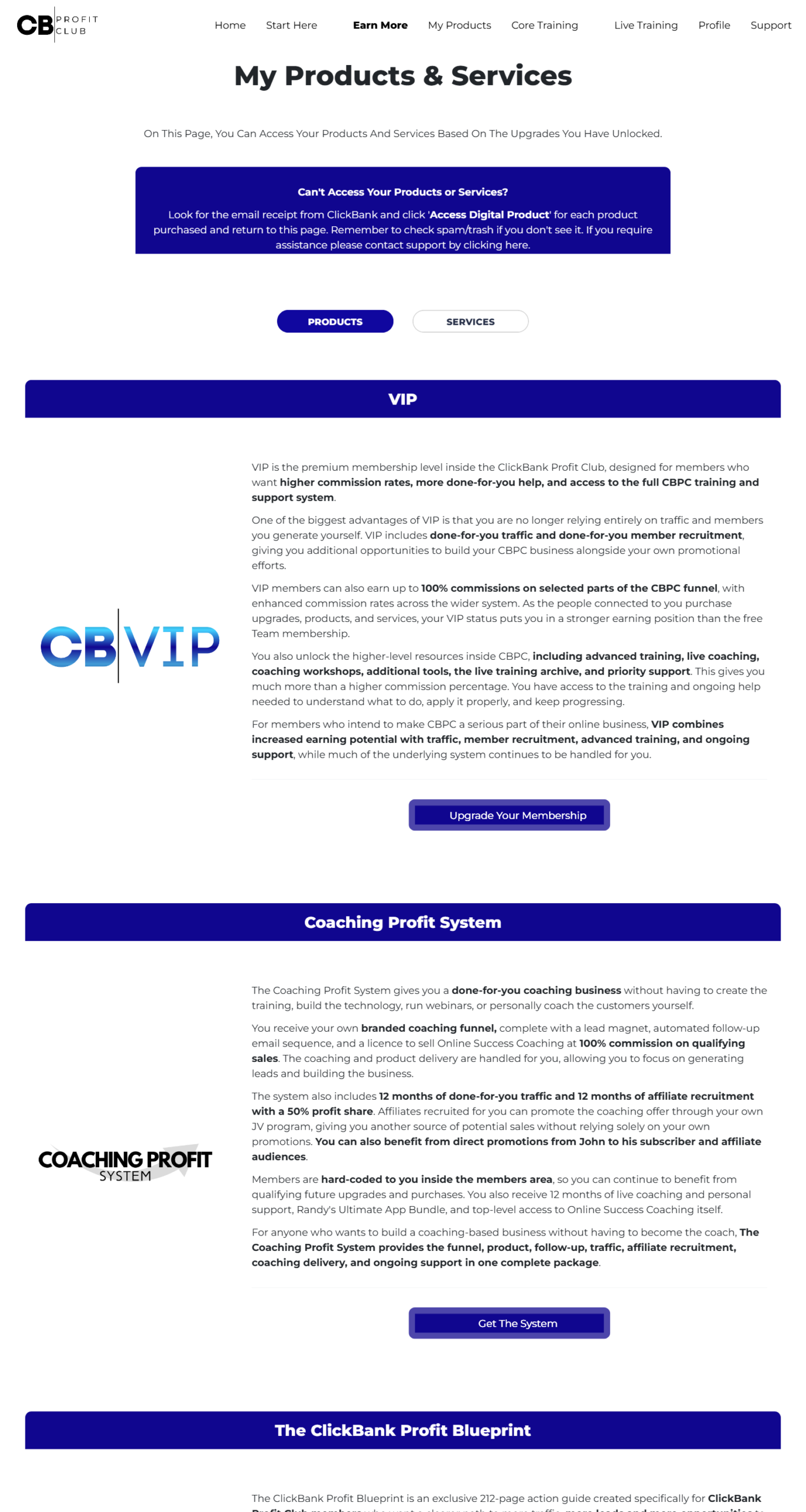 CB Profit Club my products page VIP Coaching Profit System Blueprint upgrades