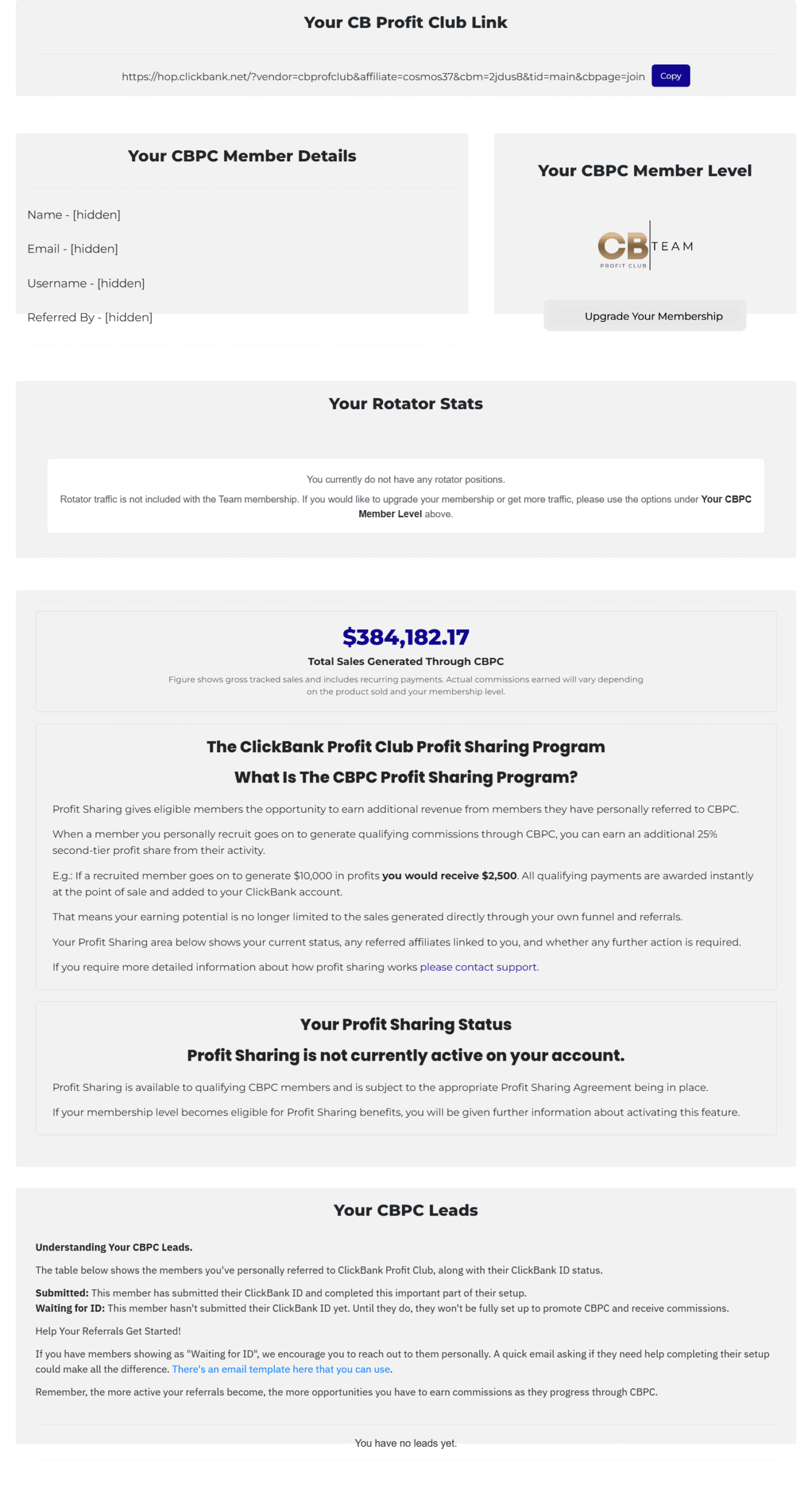 CB Profit Club profile page with referral link member level and rotator stats