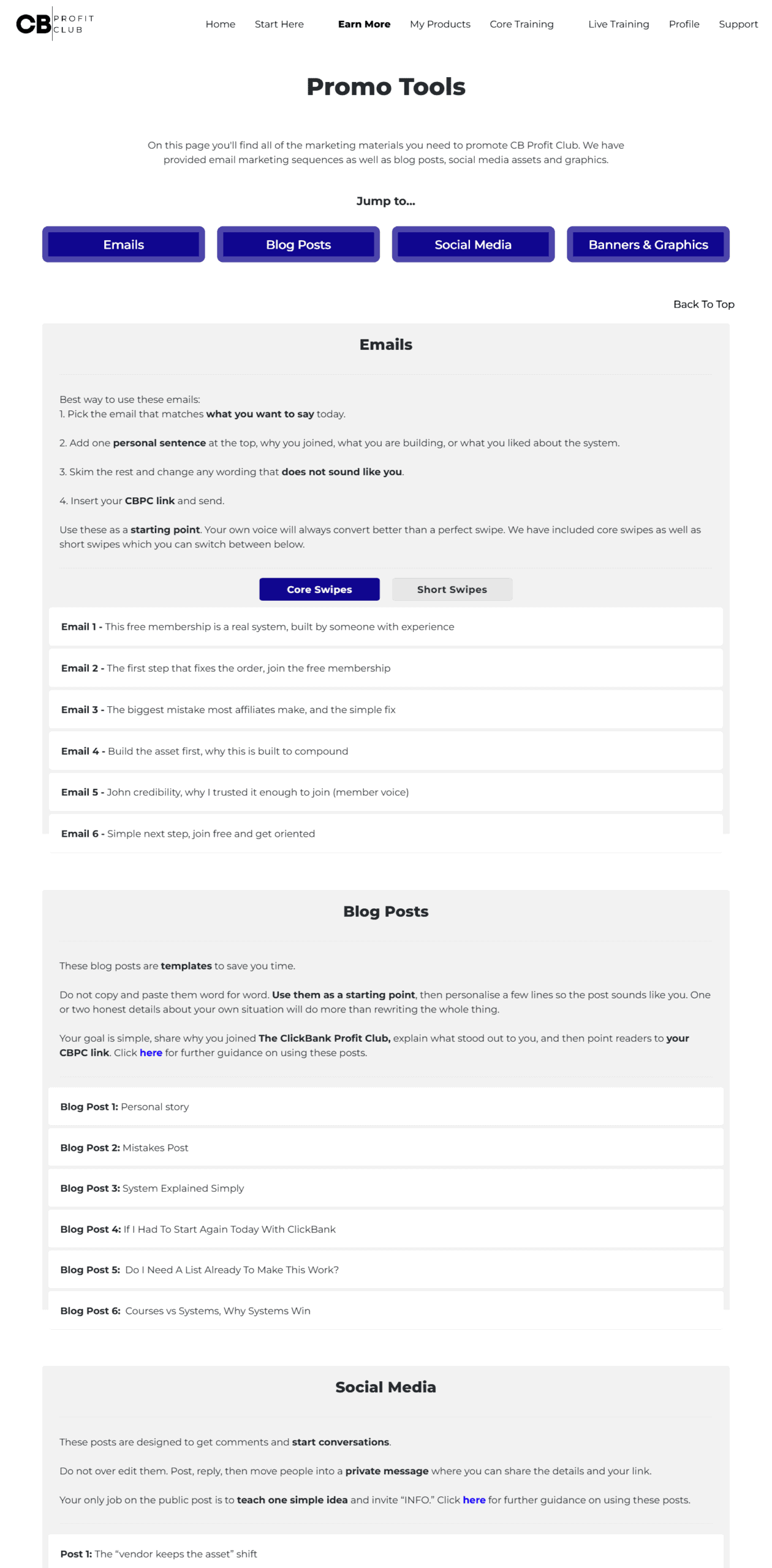 CB Profit Club promo tools email swipes blog post templates social media posts
